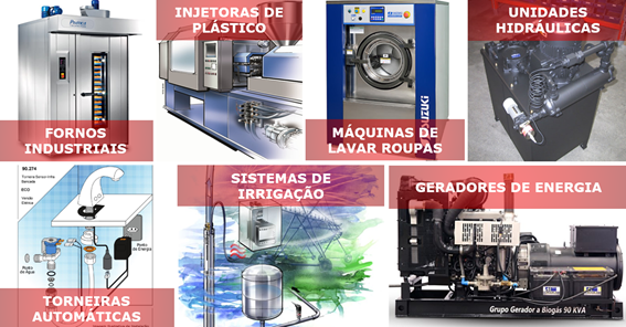 Fornos industriais,
Injetoras de plástico,
Maquinas industriais de lavar roupas,
Unidades hidráulicas,
Torneiras automáticas,
Sistemas de irrigação e
Geradores de energia.